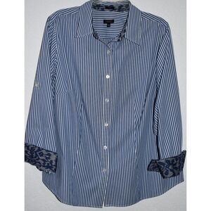 Talbots Striped Button Shirt 16WP Roll-Tab‎ Sleeve Contrast Cuffs Stretch Cotton